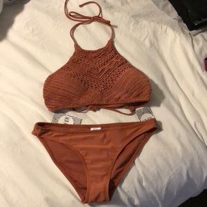 Crochet high-neck top bikini set
